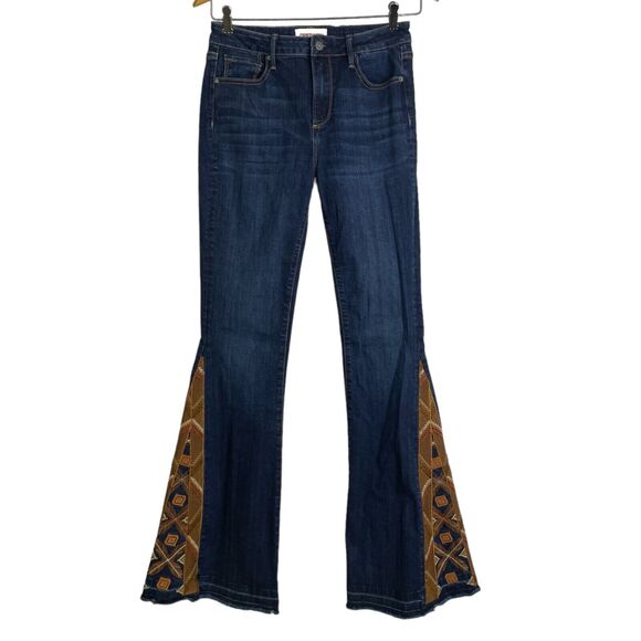 Driftwood Free People Flare Jeans Size 27 Farrah Embroidered Denim Raw Hem Boho - Picture 1 of 10